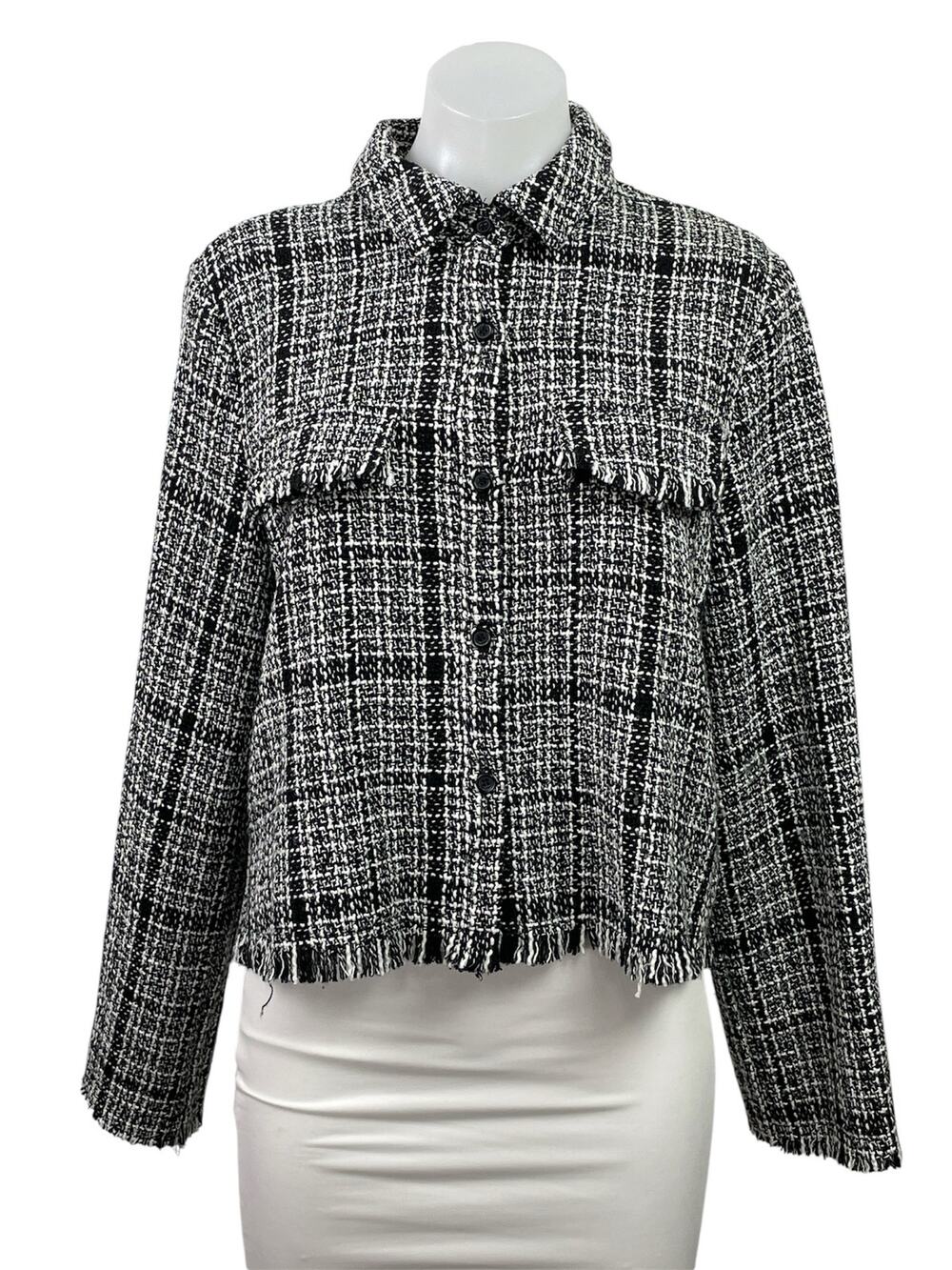 Lush Women's Black Tweed Plaid Long Sleeve Fringe Button Up Blazer Coat Jacket M